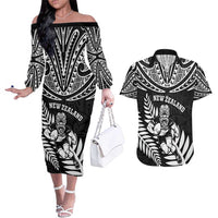 Custom New Zealand Rugby Couples Matching Off The Shoulder Long Sleeve Dress and Hawaiian Shirt Silver Fern Maori Pattern DT04 Black - Polynesian Pride