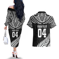 Custom New Zealand Rugby Couples Matching Off The Shoulder Long Sleeve Dress and Hawaiian Shirt Silver Fern Maori Pattern DT04 - Polynesian Pride