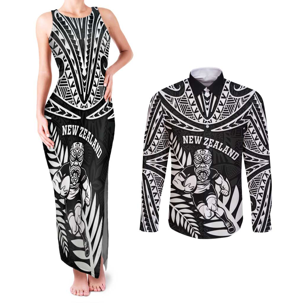 Custom New Zealand Rugby Couples Matching Tank Maxi Dress and Long Sleeve Button Shirt Silver Fern Maori Pattern DT04 Black - Polynesian Pride