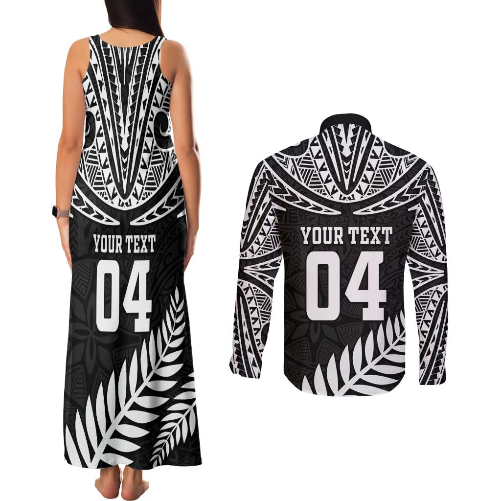 Custom New Zealand Rugby Couples Matching Tank Maxi Dress and Long Sleeve Button Shirt Silver Fern Maori Pattern DT04 - Polynesian Pride