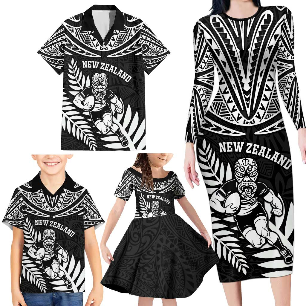 Custom New Zealand Rugby Family Matching Long Sleeve Bodycon Dress and Hawaiian Shirt Silver Fern Maori Pattern DT04 - Polynesian Pride