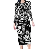 Custom New Zealand Rugby Family Matching Long Sleeve Bodycon Dress and Hawaiian Shirt Silver Fern Maori Pattern DT04 Mom's Dress Black - Polynesian Pride