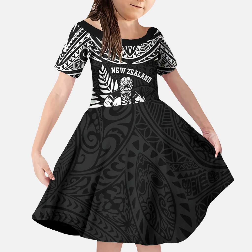 Custom New Zealand Rugby Family Matching Mermaid Dress and Hawaiian Shirt Silver Fern Maori Pattern DT04 Daughter's Dress Black - Polynesian Pride