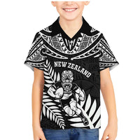 Custom New Zealand Rugby Family Matching Mermaid Dress and Hawaiian Shirt Silver Fern Maori Pattern DT04 Son's Shirt Black - Polynesian Pride
