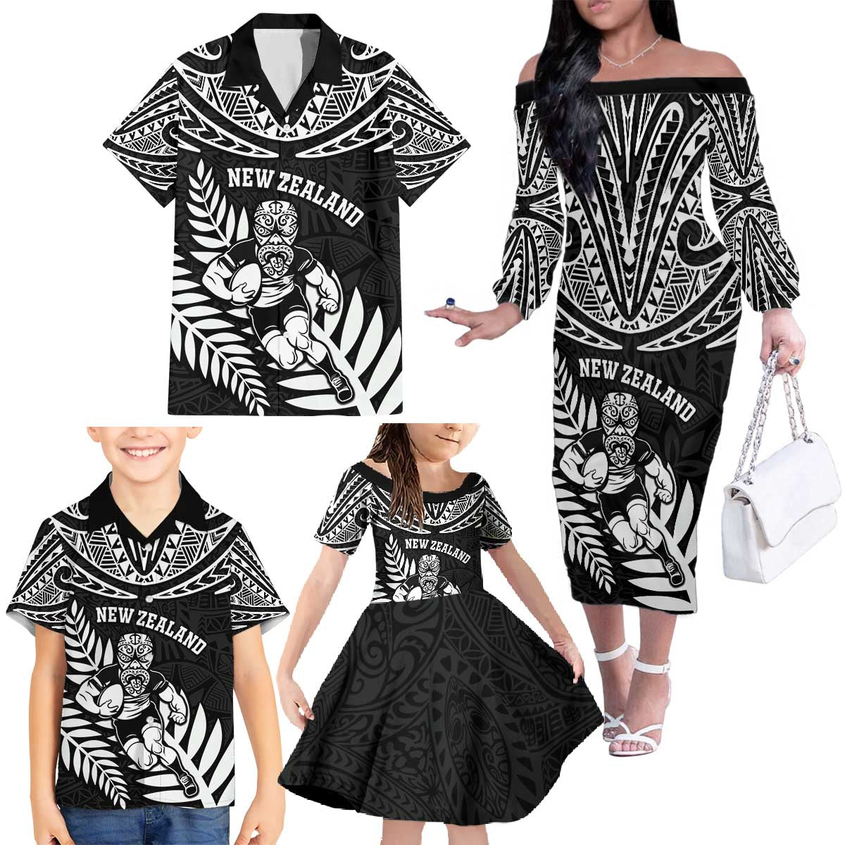Custom New Zealand Rugby Family Matching Off The Shoulder Long Sleeve Dress and Hawaiian Shirt Silver Fern Maori Pattern DT04 - Polynesian Pride