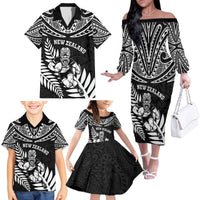 Custom New Zealand Rugby Family Matching Off The Shoulder Long Sleeve Dress and Hawaiian Shirt Silver Fern Maori Pattern DT04 - Polynesian Pride