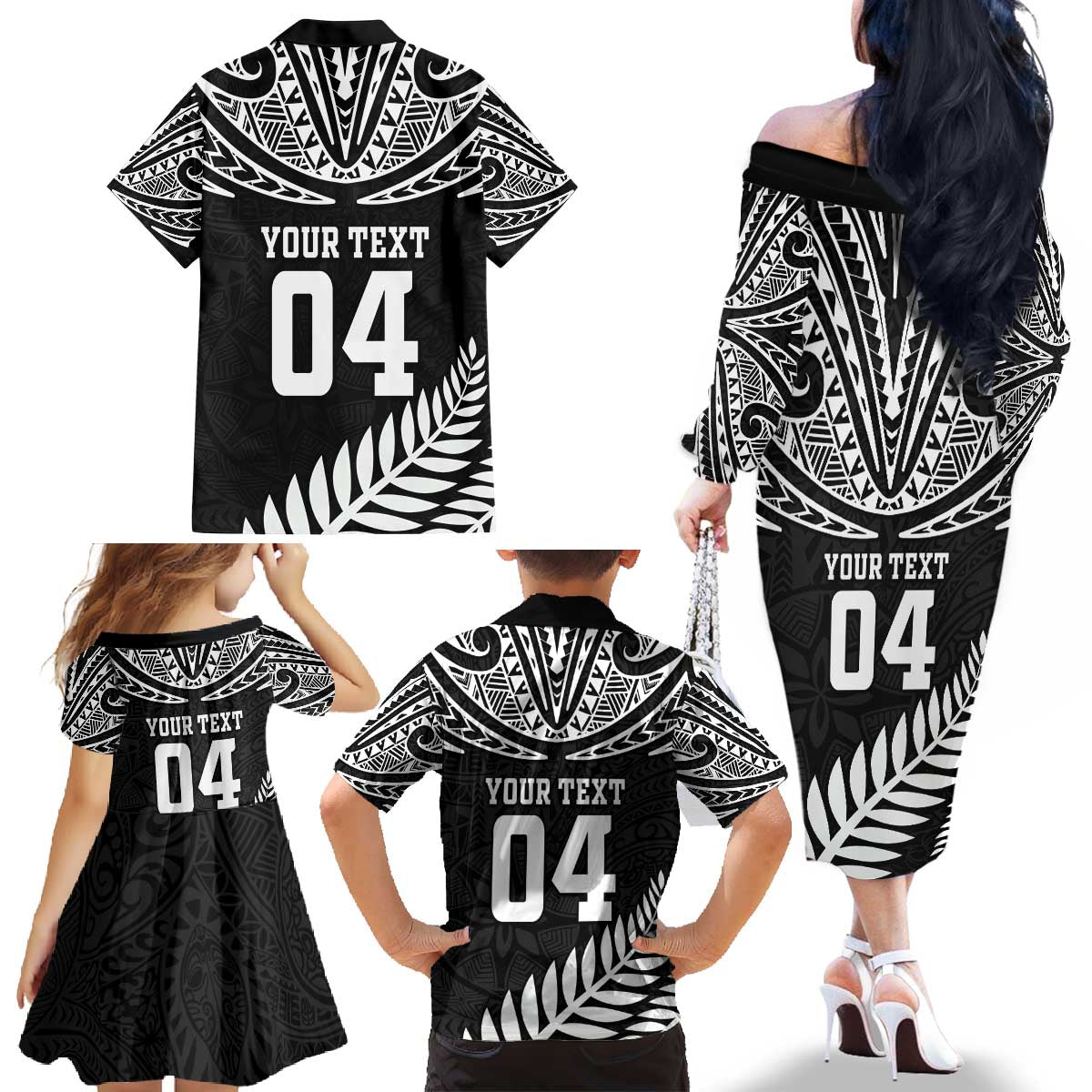 Custom New Zealand Rugby Family Matching Off The Shoulder Long Sleeve Dress and Hawaiian Shirt Silver Fern Maori Pattern DT04 - Polynesian Pride