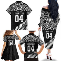 Custom New Zealand Rugby Family Matching Off The Shoulder Long Sleeve Dress and Hawaiian Shirt Silver Fern Maori Pattern DT04 - Polynesian Pride