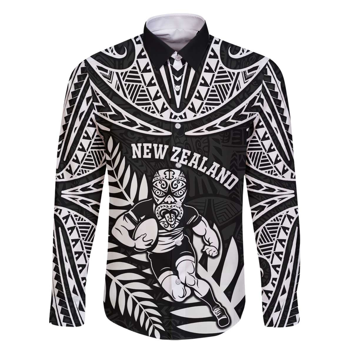 Custom New Zealand Rugby Family Matching Off The Shoulder Long Sleeve Dress and Hawaiian Shirt Silver Fern Maori Pattern DT04 Dad's Shirt - Long Sleeve Black - Polynesian Pride