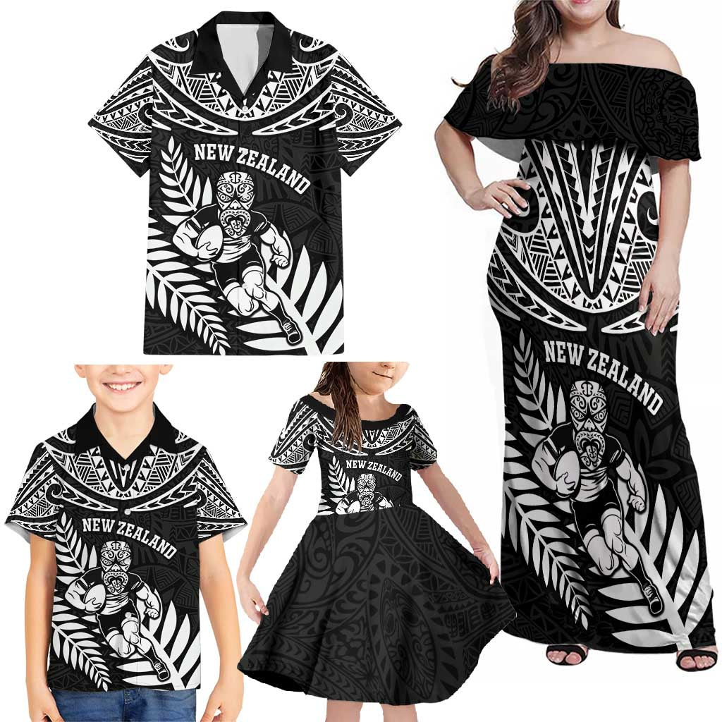Custom New Zealand Rugby Family Matching Off Shoulder Maxi Dress and Hawaiian Shirt Silver Fern Maori Pattern DT04 - Polynesian Pride