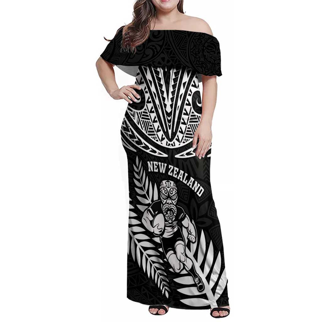 Custom New Zealand Rugby Family Matching Off Shoulder Maxi Dress and Hawaiian Shirt Silver Fern Maori Pattern DT04 Mom's Dress Black - Polynesian Pride