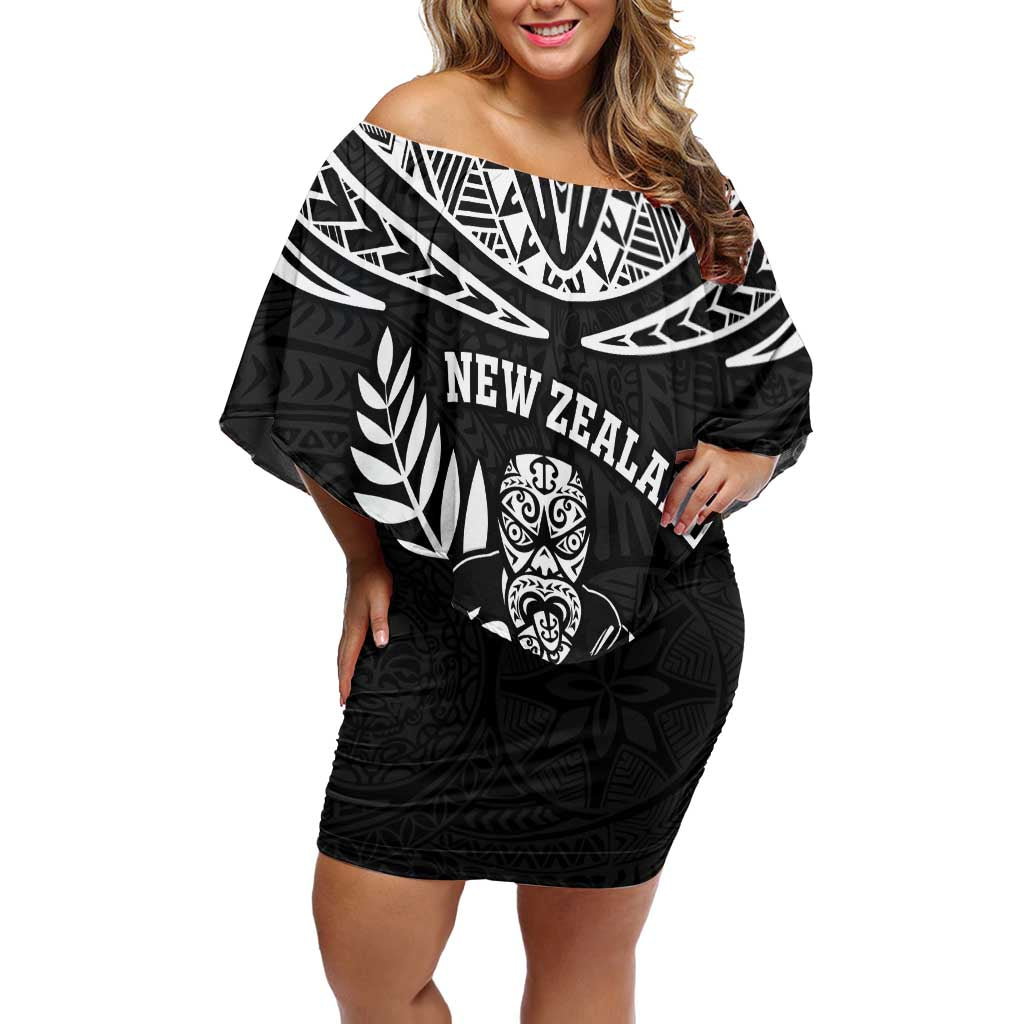 Custom New Zealand Rugby Family Matching Off Shoulder Short Dress and Hawaiian Shirt Silver Fern Maori Pattern DT04 Mom's Dress Black - Polynesian Pride