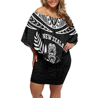 Custom New Zealand Rugby Family Matching Off Shoulder Short Dress and Hawaiian Shirt Silver Fern Maori Pattern DT04 Mom's Dress Black - Polynesian Pride