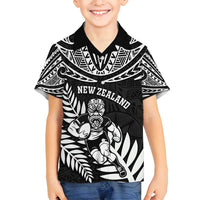 Custom New Zealand Rugby Family Matching Off Shoulder Short Dress and Hawaiian Shirt Silver Fern Maori Pattern DT04 Son's Shirt Black - Polynesian Pride
