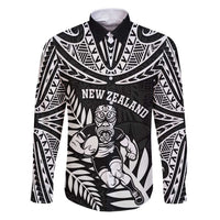 Custom New Zealand Rugby Family Matching Puletasi and Hawaiian Shirt Silver Fern Maori Pattern DT04 Dad's Shirt - Long Sleeve Black - Polynesian Pride