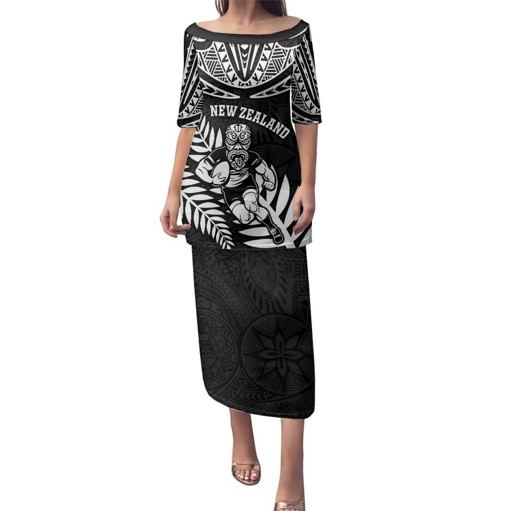 Custom New Zealand Rugby Family Matching Puletasi and Hawaiian Shirt Silver Fern Maori Pattern DT04 Mom's Dress Black - Polynesian Pride