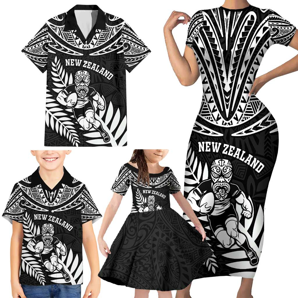 Custom New Zealand Rugby Family Matching Short Sleeve Bodycon Dress and Hawaiian Shirt Silver Fern Maori Pattern DT04 - Polynesian Pride