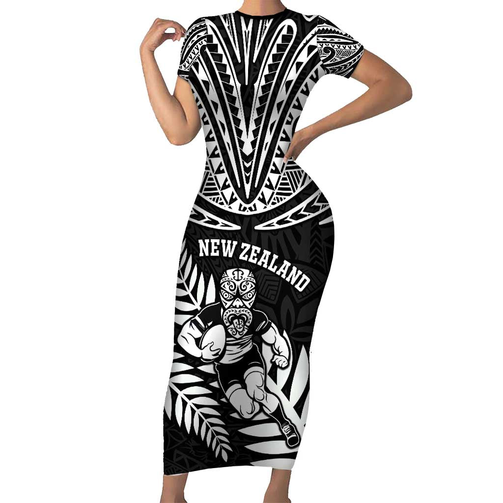 Custom New Zealand Rugby Family Matching Short Sleeve Bodycon Dress and Hawaiian Shirt Silver Fern Maori Pattern DT04 Mom's Dress Black - Polynesian Pride