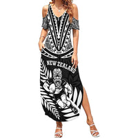 Custom New Zealand Rugby Family Matching Summer Maxi Dress and Hawaiian Shirt Silver Fern Maori Pattern DT04 Mom's Dress Black - Polynesian Pride