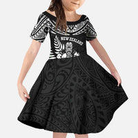Custom New Zealand Rugby Family Matching Tank Maxi Dress and Hawaiian Shirt Silver Fern Maori Pattern DT04 Daughter's Dress Black - Polynesian Pride