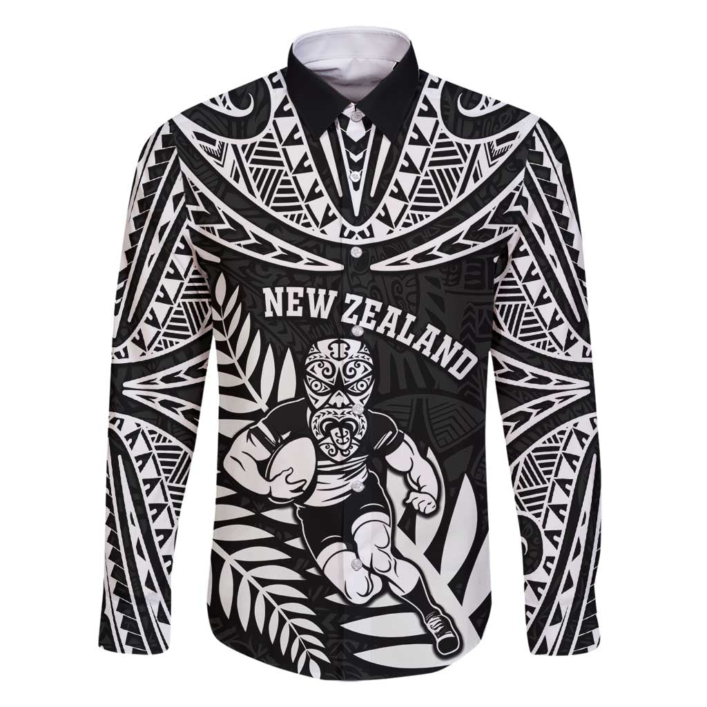 Custom New Zealand Rugby Family Matching Tank Maxi Dress and Hawaiian Shirt Silver Fern Maori Pattern DT04 Dad's Shirt - Long Sleeve Black - Polynesian Pride