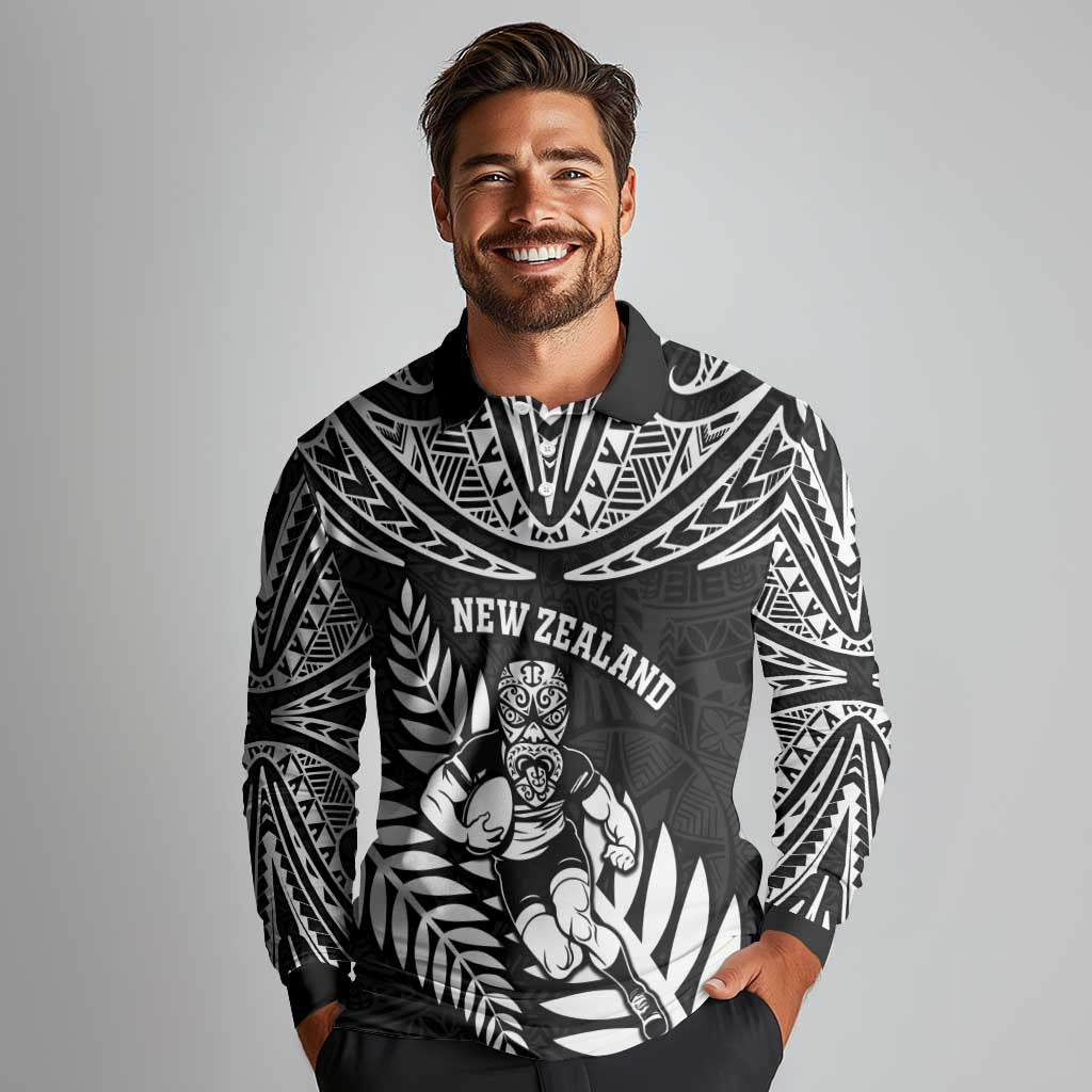 Custom New Zealand Rugby Long Sleeve Polo Shirt Silver Fern Maori Pattern