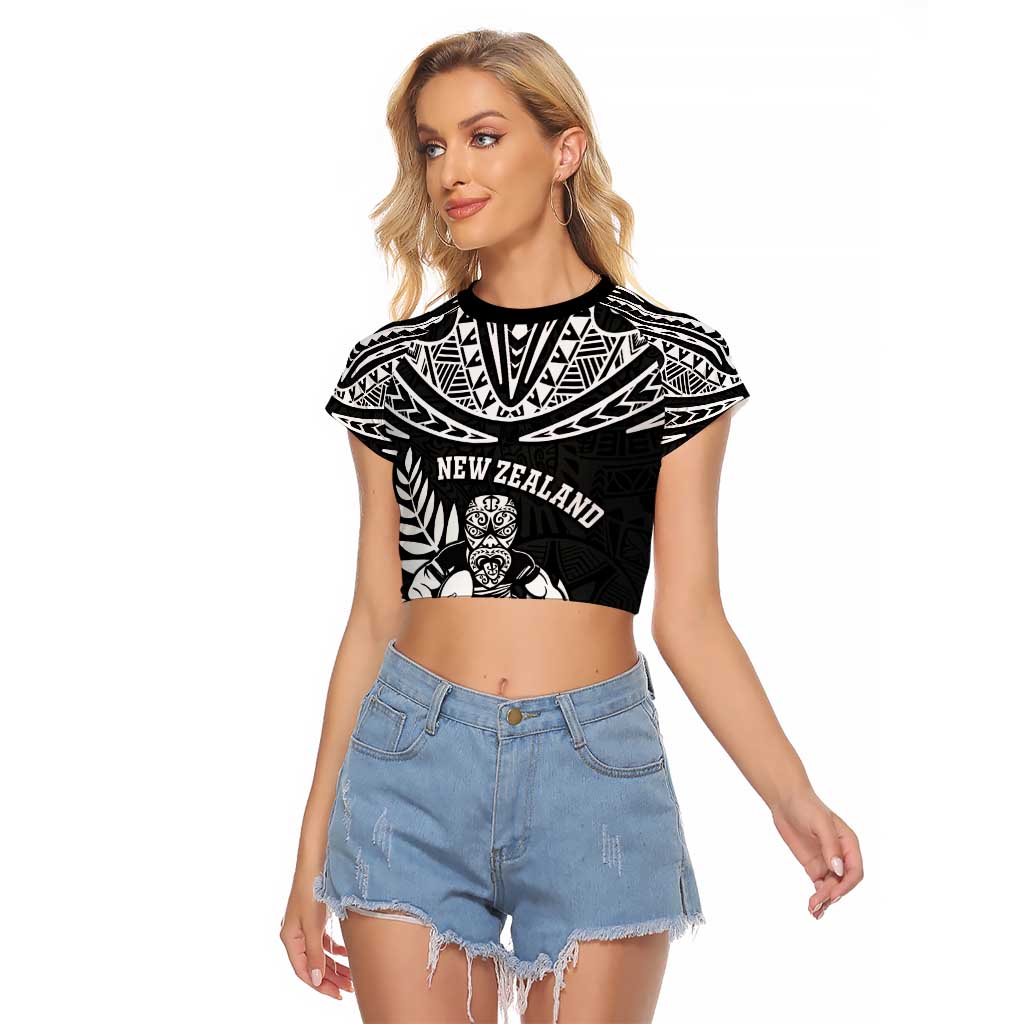 Custom New Zealand Rugby Raglan Cropped T Shirt Silver Fern Maori Pattern