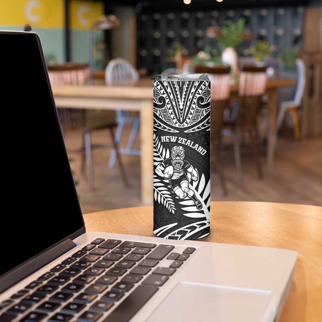 Custom New Zealand Rugby Skinny Tumbler Silver Fern Maori Pattern