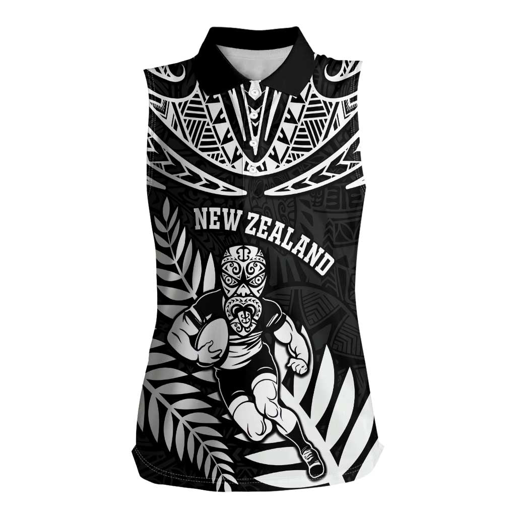 Custom New Zealand Rugby Women Sleeveless Polo Shirt Silver Fern Maori Pattern