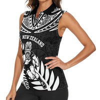 Custom New Zealand Rugby Women Sleeveless Polo Shirt Silver Fern Maori Pattern