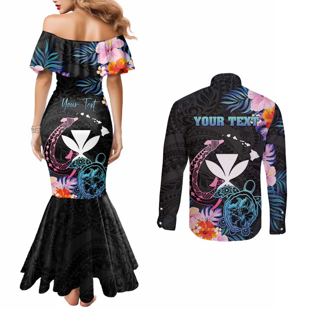 Personalised Hawaii Couples Matching Mermaid Dress and Long Sleeve Button Shirt Kanaka Maoli With Fish Hook