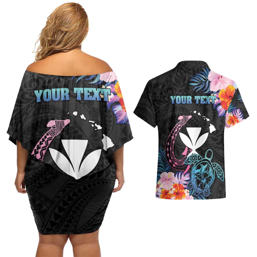 Personalised Hawaii Couples Matching Off Shoulder Short Dress and Hawaiian Shirt Kanaka Maoli With Fish Hook DT04 - Polynesian Pride