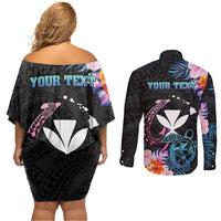 Personalised Hawaii Couples Matching Off Shoulder Short Dress and Long Sleeve Button Shirt Kanaka Maoli With Fish Hook