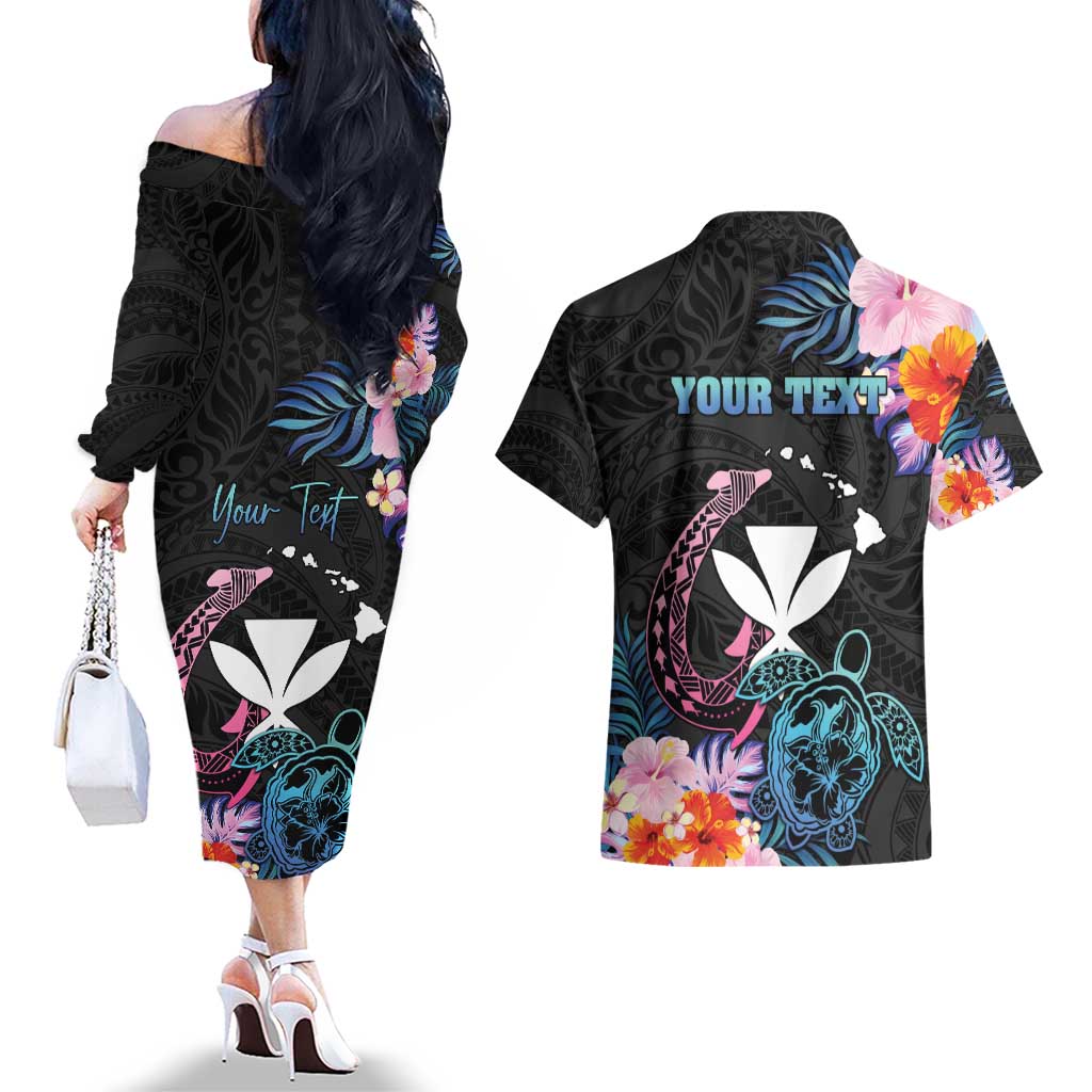 Personalised Hawaii Couples Matching Off The Shoulder Long Sleeve Dress and Hawaiian Shirt Kanaka Maoli With Fish Hook