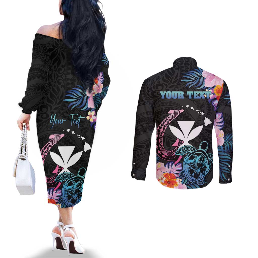Personalised Hawaii Couples Matching Off The Shoulder Long Sleeve Dress and Long Sleeve Button Shirt Kanaka Maoli With Fish Hook