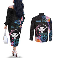 Personalised Hawaii Couples Matching Off The Shoulder Long Sleeve Dress and Long Sleeve Button Shirt Kanaka Maoli With Fish Hook