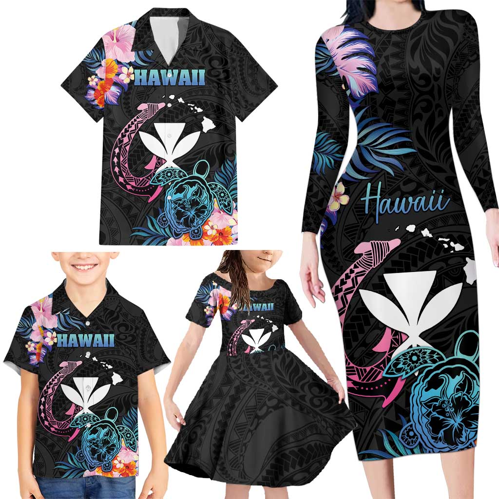 Personalised Hawaii Family Matching Long Sleeve Bodycon Dress and Hawaiian Shirt Kanaka Maoli With Fish Hook DT04 - Polynesian Pride