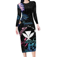 Personalised Hawaii Family Matching Long Sleeve Bodycon Dress and Hawaiian Shirt Kanaka Maoli With Fish Hook DT04 Mom's Dress Black - Polynesian Pride