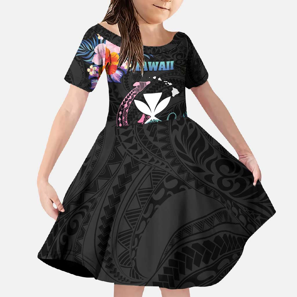 Personalised Hawaii Family Matching Mermaid Dress and Hawaiian Shirt Kanaka Maoli With Fish Hook DT04 Daughter's Dress Black - Polynesian Pride