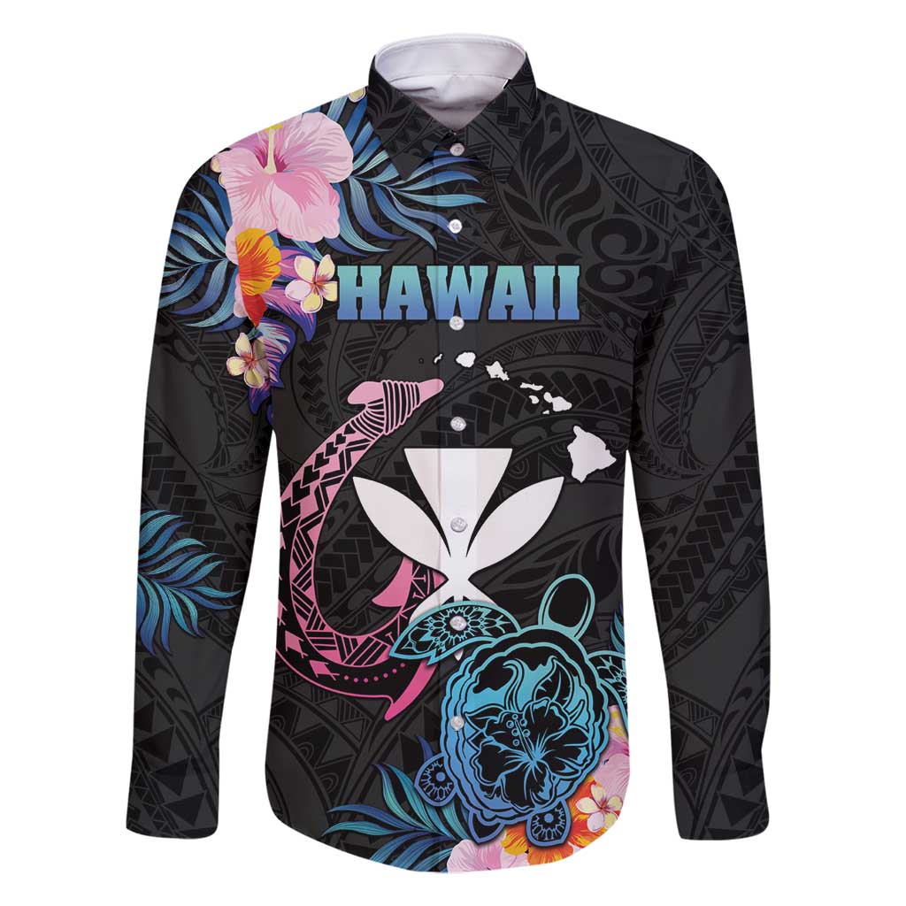 Personalised Hawaii Family Matching Mermaid Dress and Hawaiian Shirt Kanaka Maoli With Fish Hook DT04 Dad's Shirt - Long Sleeve Black - Polynesian Pride