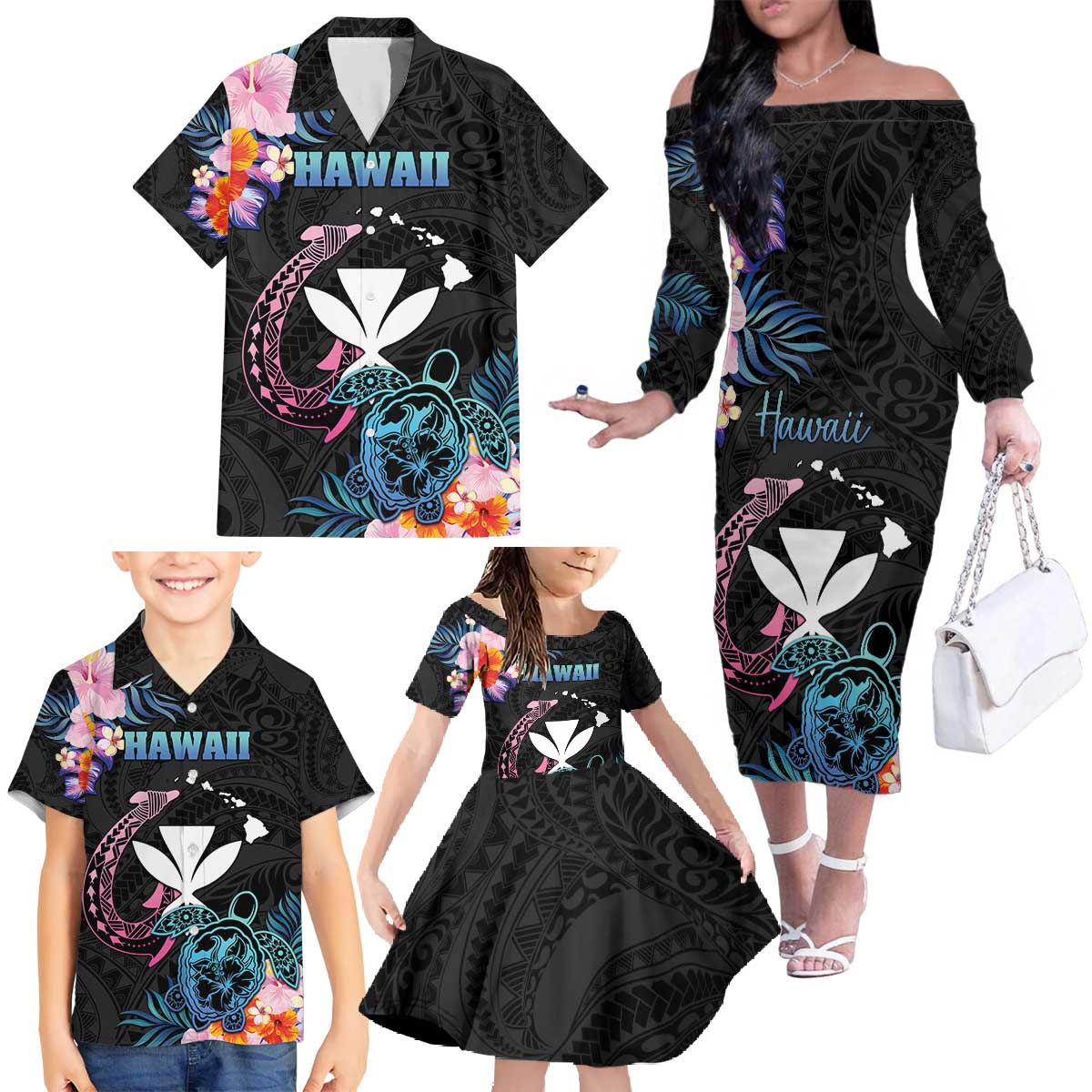Personalised Hawaii Family Matching Off The Shoulder Long Sleeve Dress and Hawaiian Shirt Kanaka Maoli With Fish Hook DT04 - Polynesian Pride