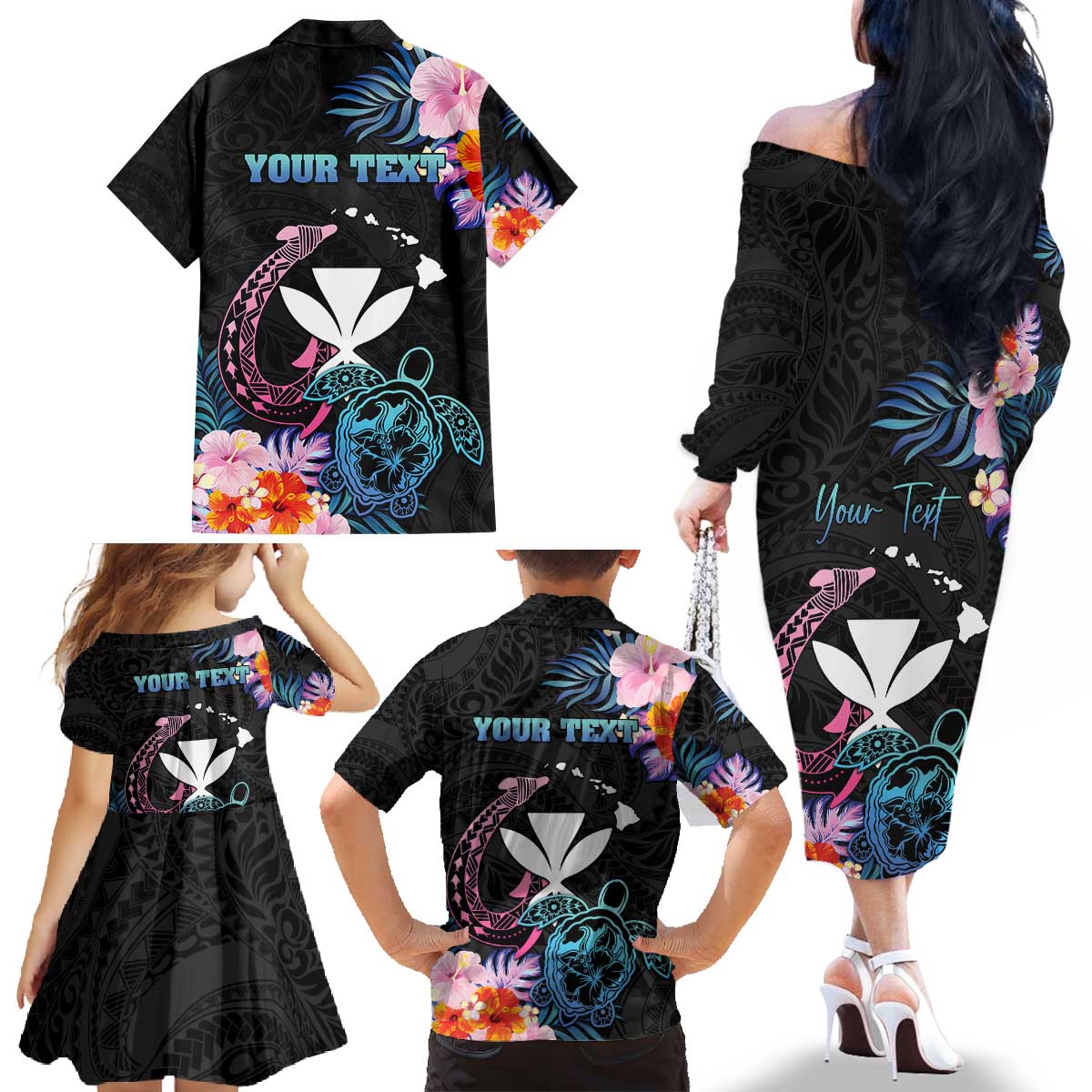 Personalised Hawaii Family Matching Off The Shoulder Long Sleeve Dress and Hawaiian Shirt Kanaka Maoli With Fish Hook DT04 - Polynesian Pride