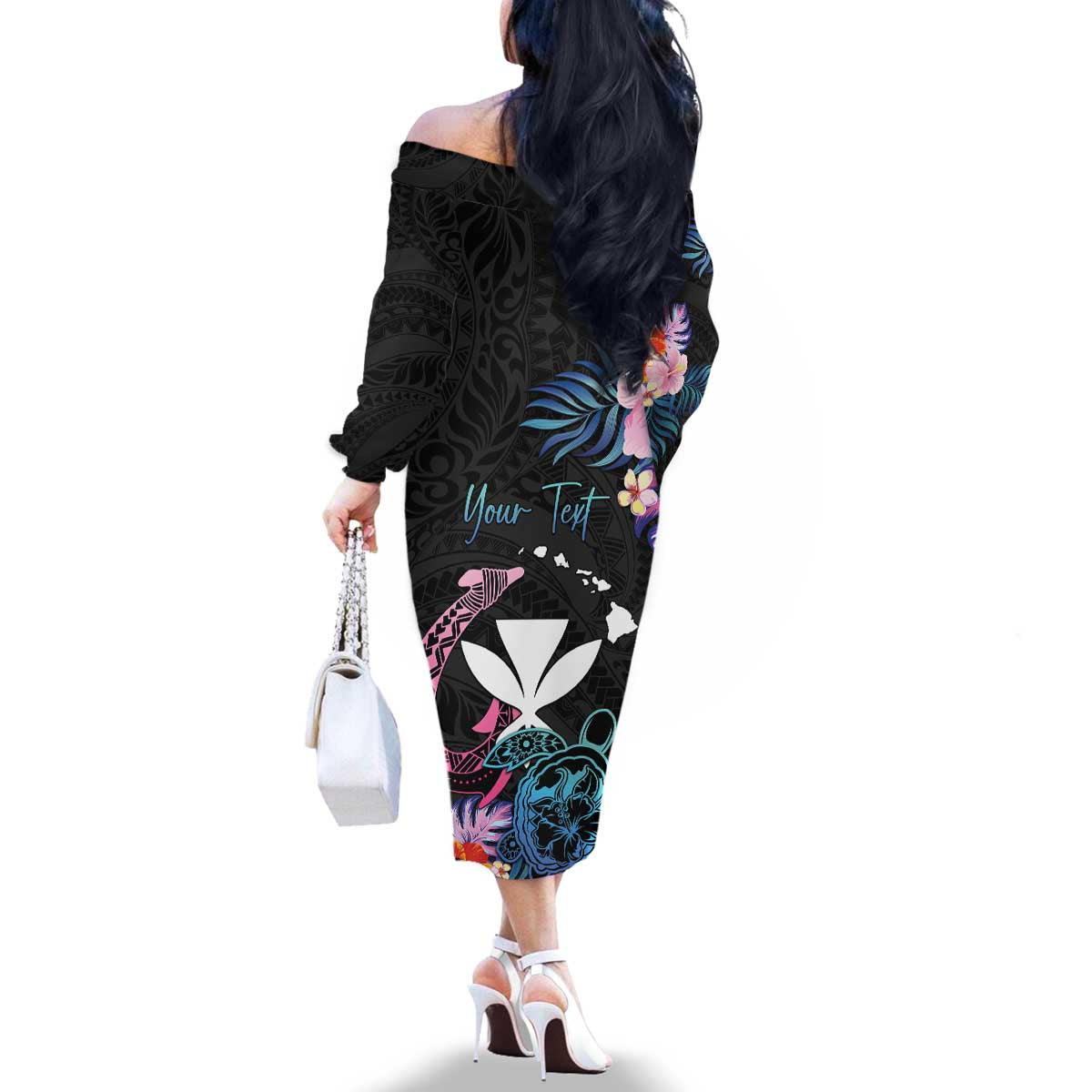 Personalised Hawaii Family Matching Off The Shoulder Long Sleeve Dress and Hawaiian Shirt Kanaka Maoli With Fish Hook DT04 - Polynesian Pride