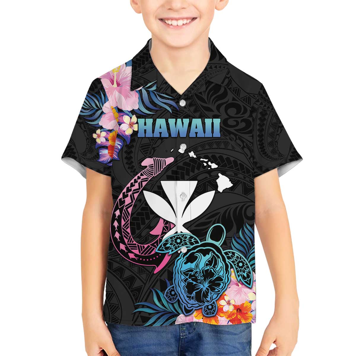 Personalised Hawaii Family Matching Off The Shoulder Long Sleeve Dress and Hawaiian Shirt Kanaka Maoli With Fish Hook DT04 Son's Shirt Black - Polynesian Pride
