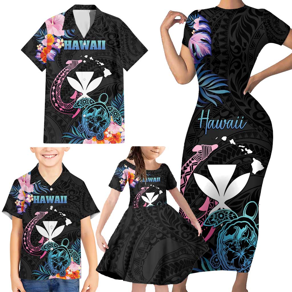 Personalised Hawaii Family Matching Short Sleeve Bodycon Dress and Hawaiian Shirt Kanaka Maoli With Fish Hook DT04 - Polynesian Pride