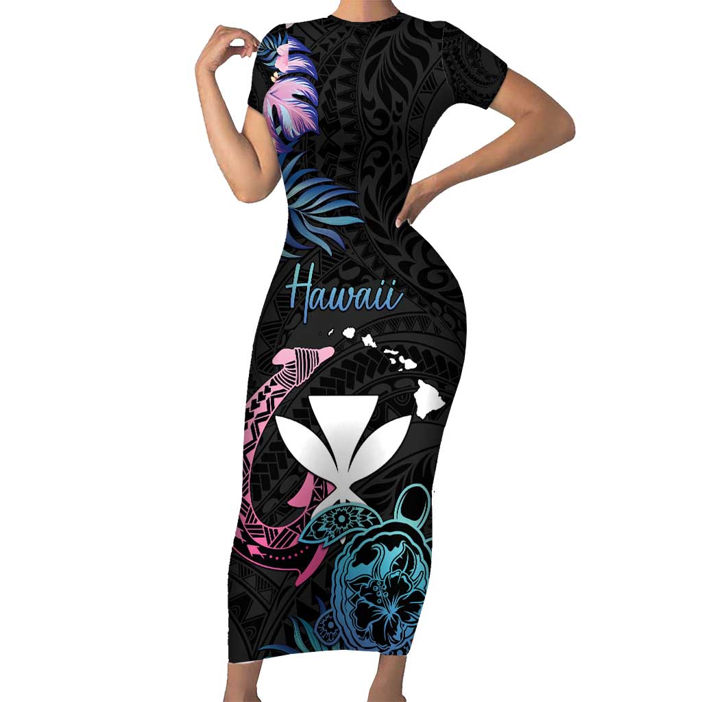 Personalised Hawaii Family Matching Short Sleeve Bodycon Dress and Hawaiian Shirt Kanaka Maoli With Fish Hook DT04 Mom's Dress Black - Polynesian Pride