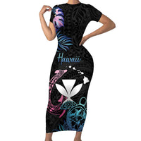 Personalised Hawaii Family Matching Short Sleeve Bodycon Dress and Hawaiian Shirt Kanaka Maoli With Fish Hook DT04 Mom's Dress Black - Polynesian Pride