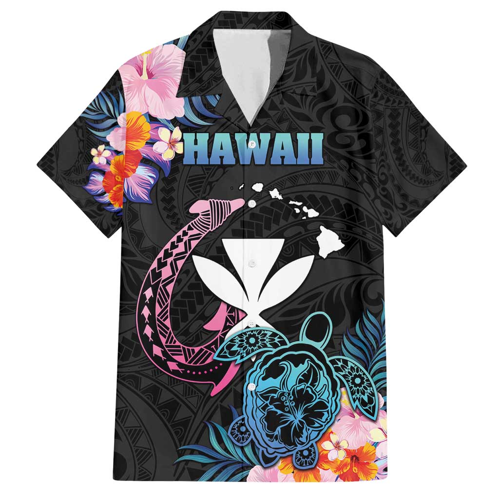 Personalised Hawaii Family Matching Tank Maxi Dress and Hawaiian Shirt Kanaka Maoli With Fish Hook DT04 Dad's Shirt - Short Sleeve Black - Polynesian Pride