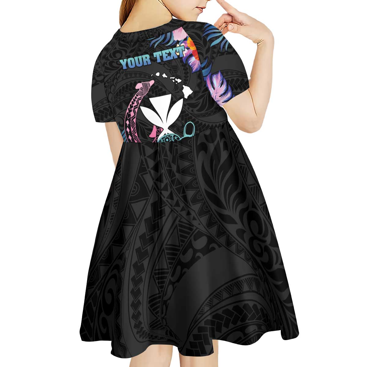Personalised Hawaii Kid Short Sleeve Dress Kanaka Maoli With Fish Hook