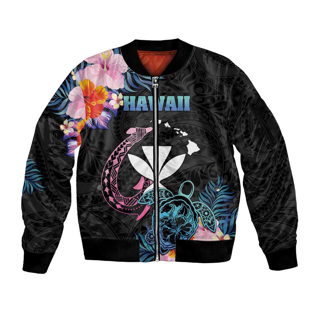 Personalised Hawaii Sleeve Zip Bomber Jacket Kanaka Maoli With Fish Hook DT04 Unisex Black - Polynesian Pride